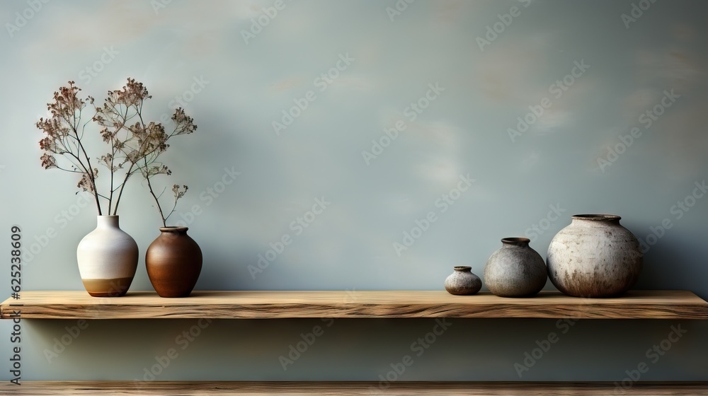 Poster three vases are sitting on a shelf with flowers in them. generative ai