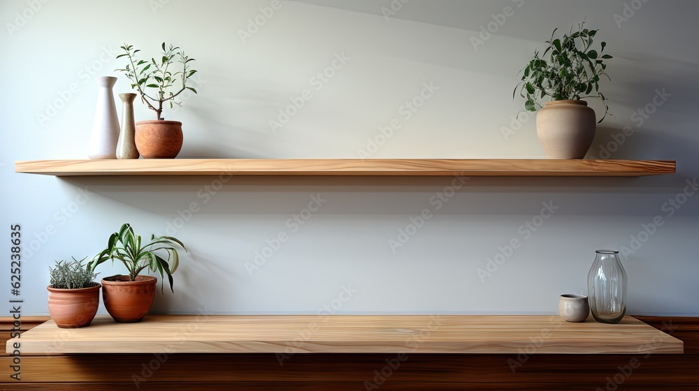Poster two wooden shelves attached to the wall, each with potted plants on them on the bottom of the image,