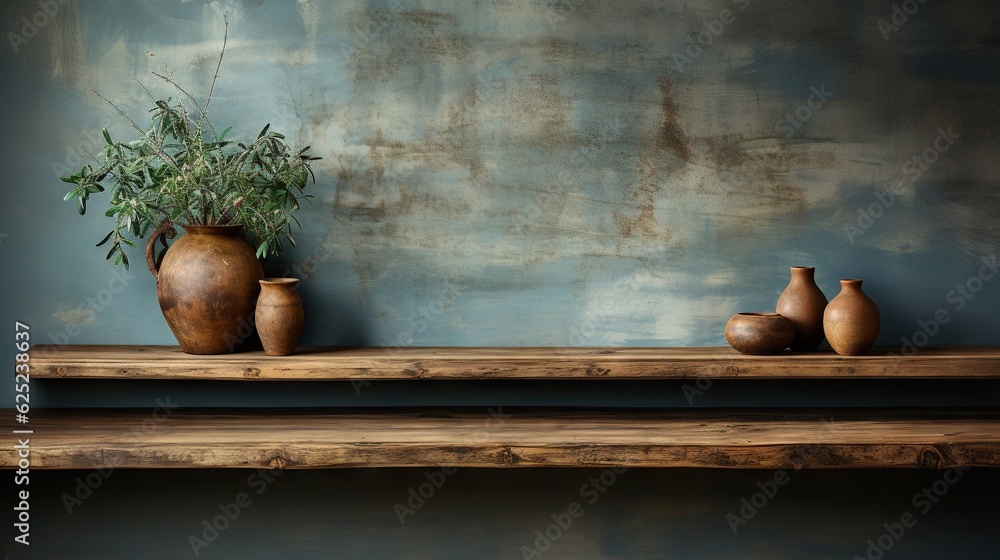 Poster a shelf with three vases and a plant on it. generative ai