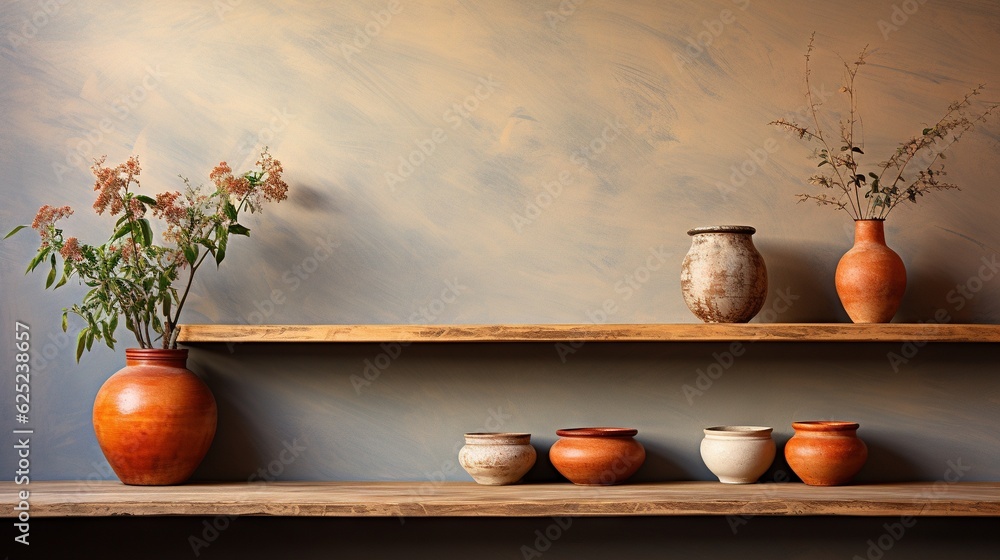 Poster a shelf with vases and flowers on top of it. generative ai