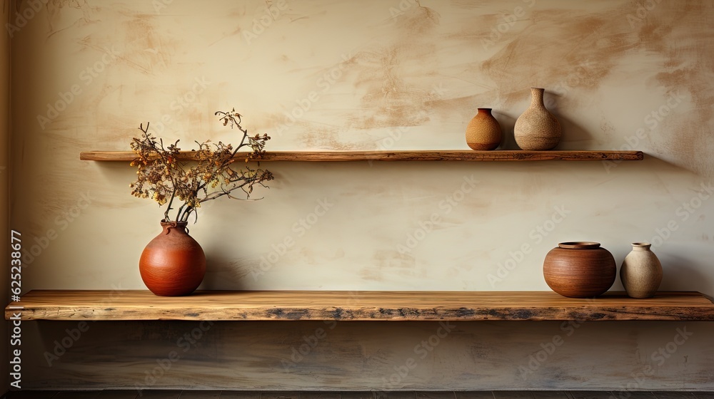 Poster a shelf with three vases and a plant on it. generative ai