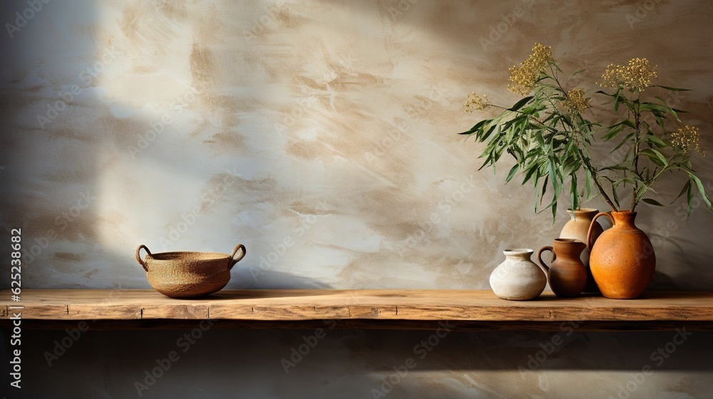 Poster a shelf with three vases and a plant on it. generative ai
