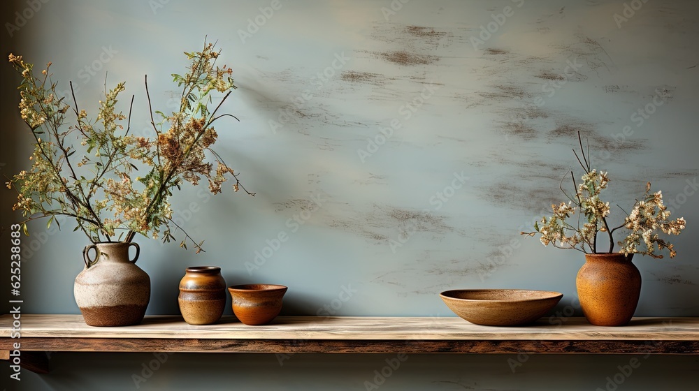 Poster three vases with flowers in them on a table next to a wall. generative ai