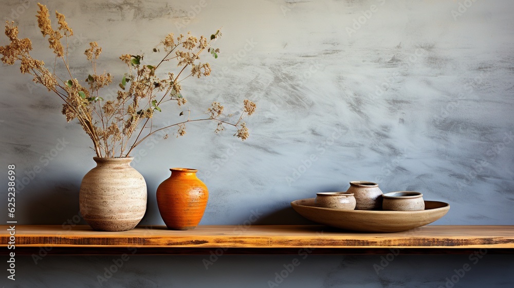 Poster two vases and a bowl on a shelf with a wall in the background. generative ai