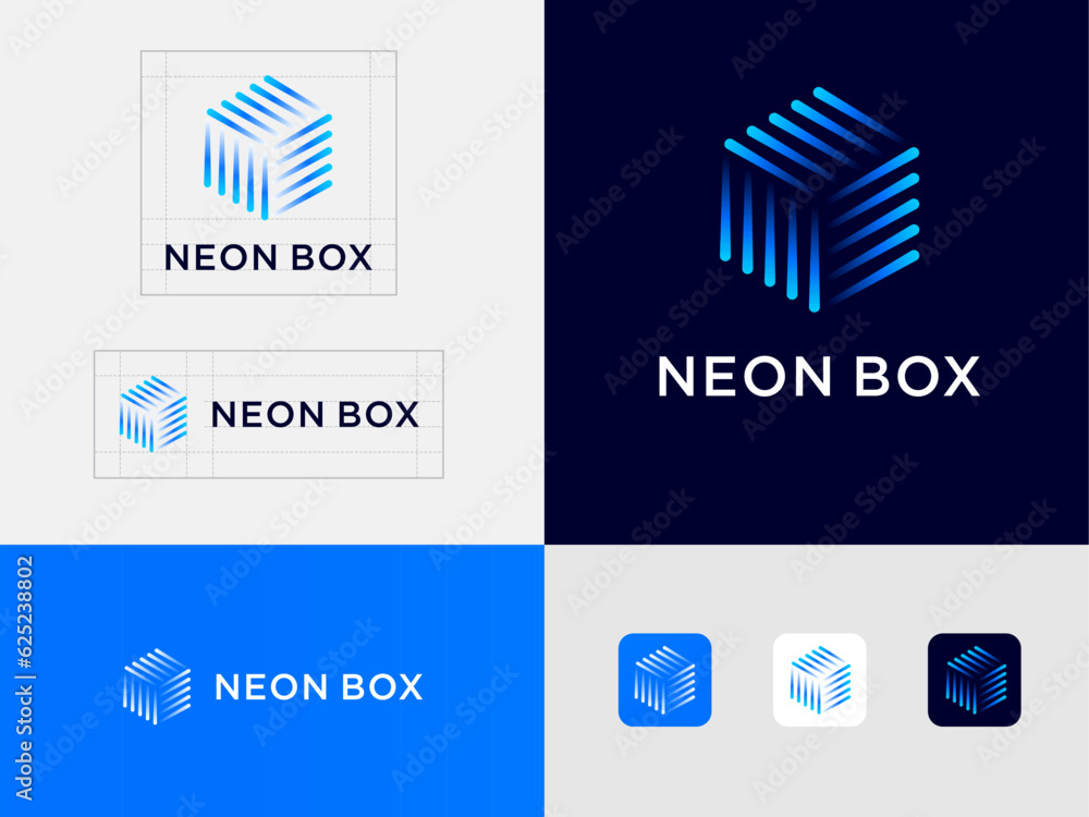 Poster neon box logo and identity. geometric form consists of thin color elements. abstract box.