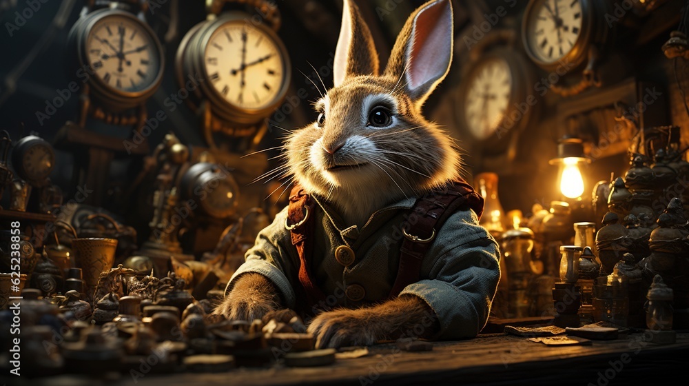 Poster a rabbit is sitting in front of a bunch of clocks. generative ai