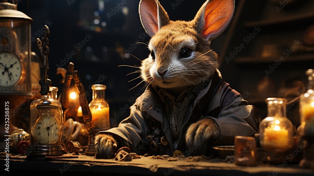 Poster a rabbit dressed in a costume next to a table with candles. generative ai