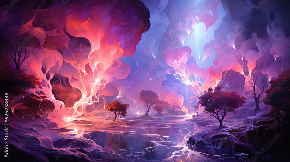 Poster a painting of a river with trees and a sky filled with clouds. generative ai