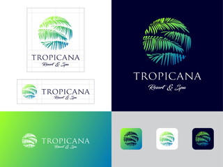 Tropicana logo and Identity. Palm leaves in a circle. Resort and Spa emblem. Beauty and cosmetics. 