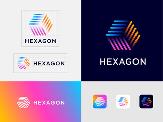 Hexagon logo and Identity. Geometric form consists of thin color elements. Abstract Box.