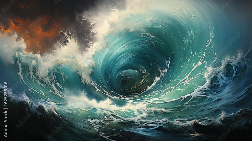 Poster a painting of a large ocean wave with a red sky in the background. generative ai
