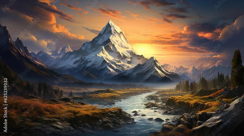 Poster a painting of a mountain with a river running through it. generative ai