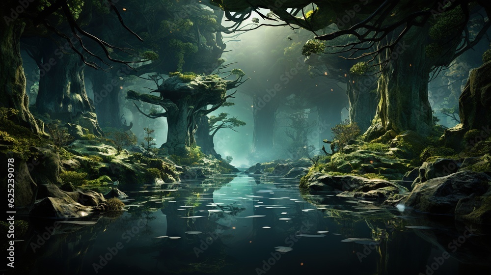 Poster a river running through a forest filled with lots of trees. generative ai