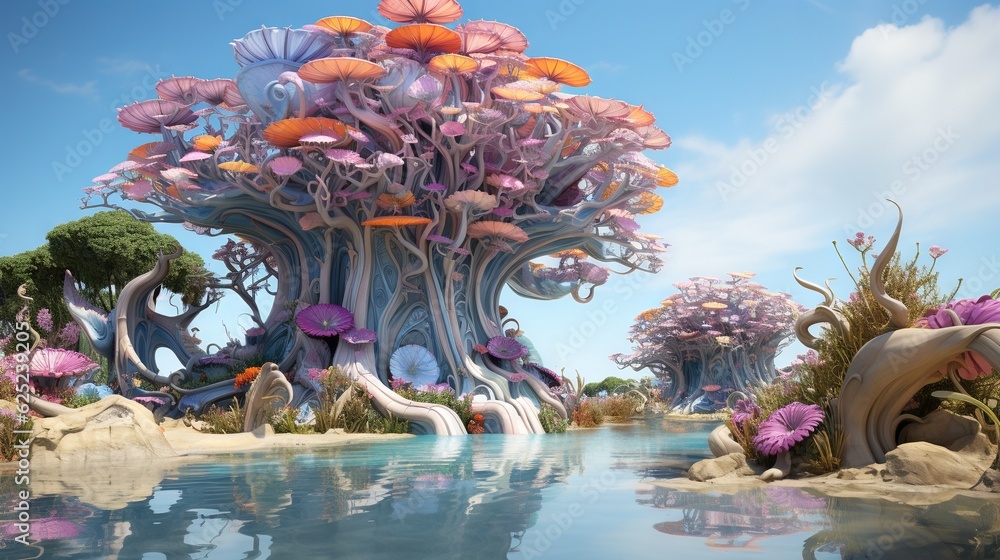 Aufkleber a painting of a pond with a tree in the middle of it. generative ai