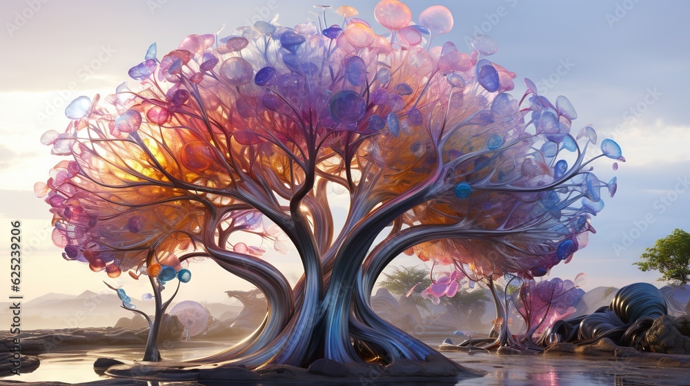 Poster a painting of a tree with many balloons on it's trunk. generative ai