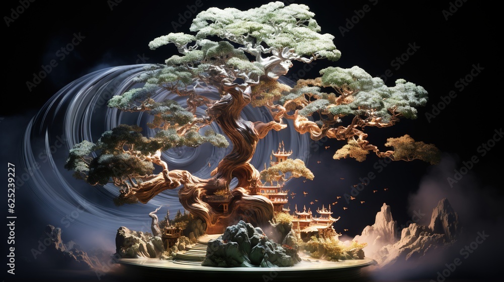Aufkleber a bonsai tree in a display case with a dark background. generative ai