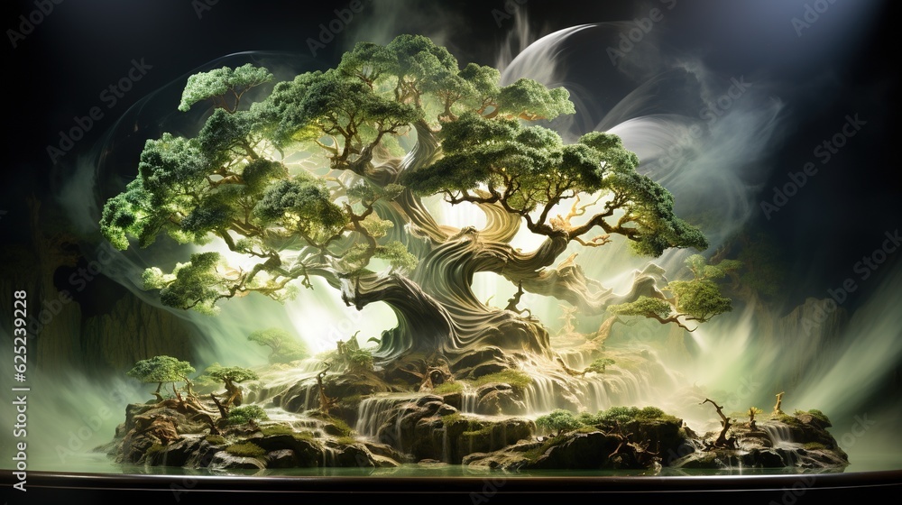 Poster a bonsai tree in the middle of a dark room, surrounded by rocks and illuminated by a light the tree 