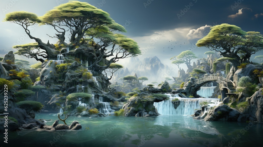 Poster a painting of a waterfall with a bridge and trees in the background. generative ai