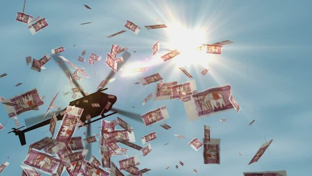 Myanmar Kyat banknotes helicopter money dropping. Burma MMK 5000 notes abstract 3d concept of inflation, money printing, finance, economy, crisis and quantitative easing.