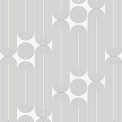 Linear vector pattern, repeating linear circle and linear rounded rectangle shape randomly, monochrome styles. Pattern is clean for fabric, wallpaper, printing. Pattern is on swatches panel - 625239648