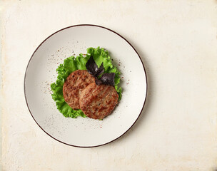 fried beef patties, top view, no people,