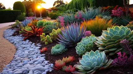 Fototapeten Beautiful Drought Tolerant Landscaping in California with Succulent and Cactus. A Colourful and Conscious Botany Design. Generative AI © AIGen