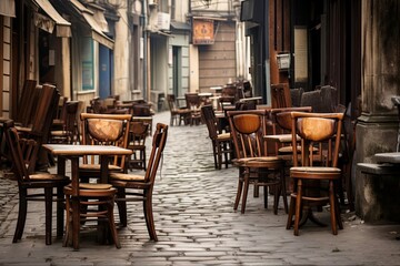 Fototapeta na wymiar Closed Pub in the Heart of the City: Stacked Chairs and Tables in an Empty Eatery with Terrace Seating: Generative AI