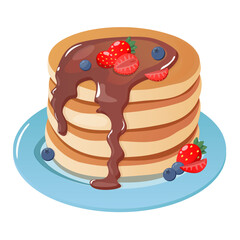 Pancakes with chocolate syrup and strawberries and blueberries . Vector illustration, cartoon. American traditional breakfast