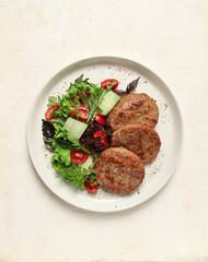 fried cutlets, minced beef, with vegetable salad, top view, no people,
