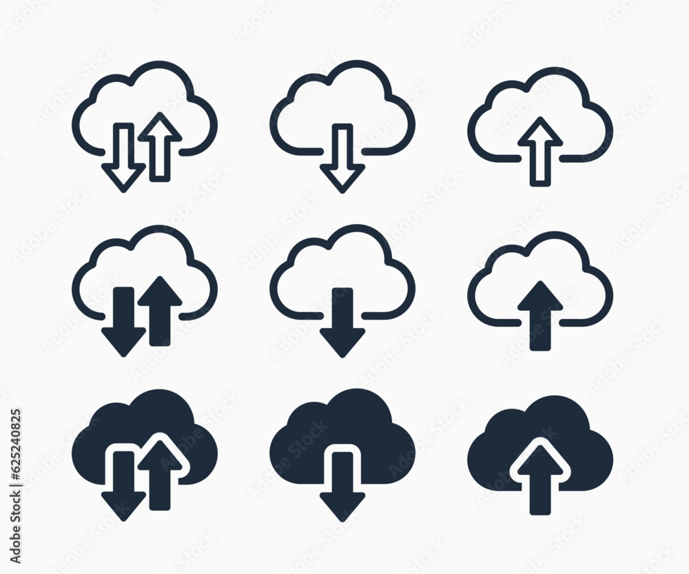 Poster cloud download and upload icon set. cloud service symbol. download and upload cloud computing outlin