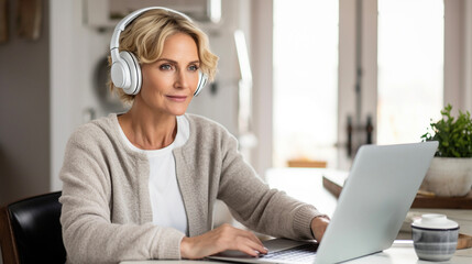 Middle age business woman with headphones working with laptop computer at office or home. Female listening webinar or speaking on video call. 