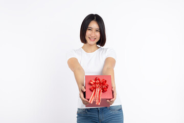 asian Woman holding red gift box on white background