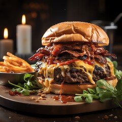 A burger is a sandwich consisting of one or more cooked patties of ground meat, usually beef, placed inside a sliced bread roll or bun. The patty may be pan-fried, grilled, or flame-broiled.