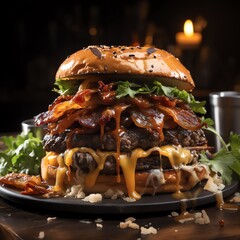 A burger is a sandwich consisting of one or more cooked patties of ground meat, usually beef, placed inside a sliced bread roll or bun. The patty may be pan-fried, grilled, or flame-broiled.