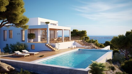 Fototapeta premium Ocean's Luxury: Sunlit Hotel on the Heights - Generated by AI