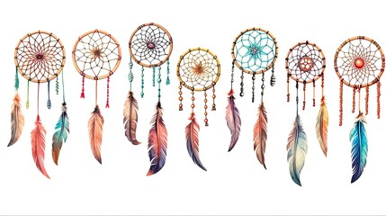 Dreamy Watercolor Dreamcatcher Isolated on White Background. Boho Chic Feather Decoration with Tribal Ethnic Design. Popular Greeting Card or Print Design in America. Generative AI