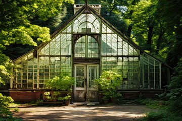 Exploring the Abandoned Old Greenhouse in the Park: A Historic Glasshouse Amidst Lush Greenery and Nature's Beauty. Generative AI