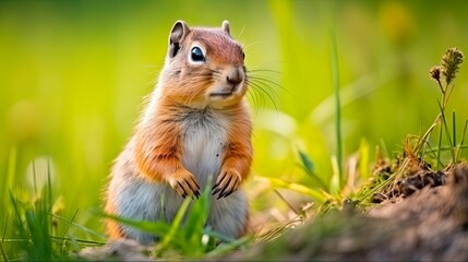 European Ground Squirrel on Green Meadow: Captivating Wildlife Image of Cute Brown Rodent in Its Natural Habitat. Generative AI