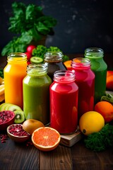 Fresh and Healthy Vegetable Smoothie Bottles with Various Nourishing Ingredients - Detox and Natural Food Concept: Generative AI