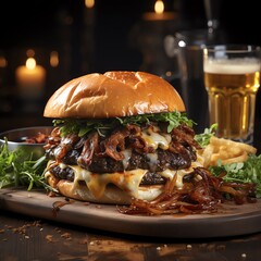 A burger is a sandwich consisting of one or more cooked patties of ground meat, usually beef, placed inside a sliced bread roll or bun. The patty may be pan-fried, grilled, or flame-broiled.