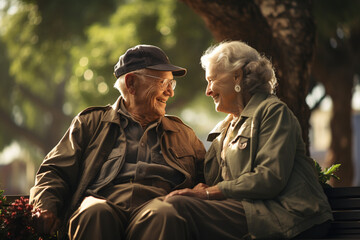 Fototapeta premium Old Couple love -Elderly couple sitting under tree in park