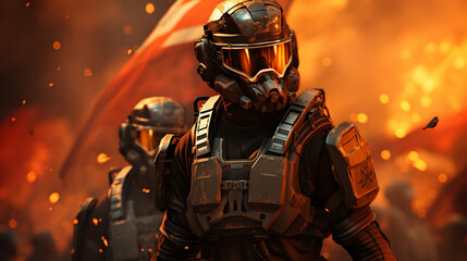 Fototapeta premium robot alien fierce in action with orange background