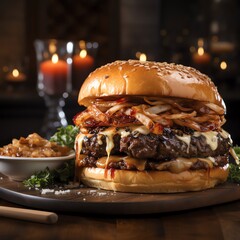 A burger is a sandwich consisting of one or more cooked patties of ground meat, usually beef, placed inside a sliced bread roll or bun. The patty may be pan-fried, grilled, or flame-broiled.