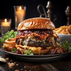 A burger is a sandwich consisting of one or more cooked patties of ground meat, usually beef, placed inside a sliced bread roll or bun. The patty may be pan-fried, grilled, or flame-broiled.