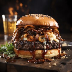 A burger is a sandwich consisting of one or more cooked patties of ground meat, usually beef, placed inside a sliced bread roll or bun. The patty may be pan-fried, grilled, or flame-broiled.