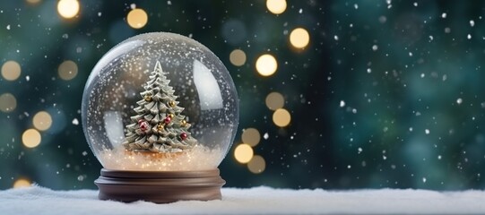 Banner, Christmas Tree Sparkles in Glass Ball on Snow - Generative ai
