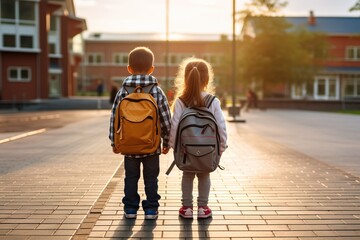 Obraz premium Little Sister and Brother Walk to School Together with Sunlight - Generative ai