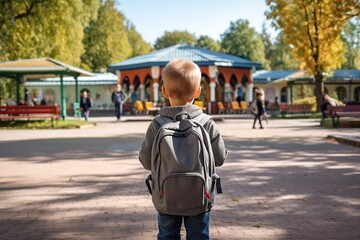 Back View of Little Kid on First School Day - Generative ai
