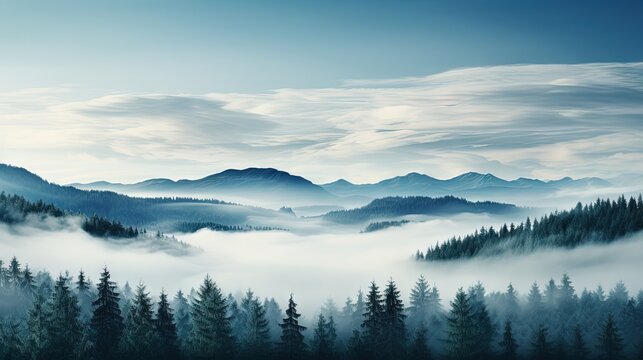  a painting of a mountain range with trees in the foreground. generative ai © Jevjenijs
