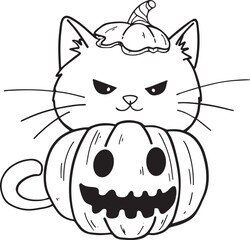  Cute pumpkin head face grey black cat Halloween hand draw Outline simple vector illustration